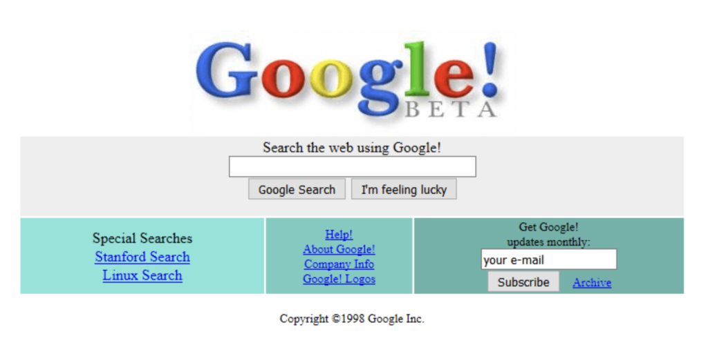 Imagem da homepage do Google na data do seu lançamento, a primeira grande mudança nos hábitos de pesquisa.